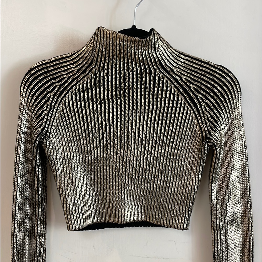 Gold Metallic Very Long Sleeve Crop Top
